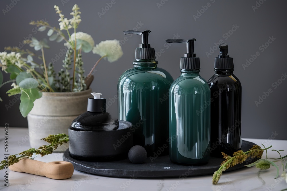 Poster three bottles of soap and lotion sitting on a table next to a vase with flowers and a plant in it on