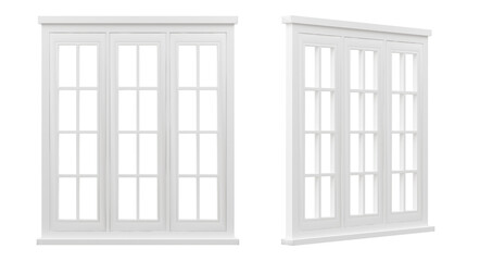 Modern house window frame set isolated on white background, classic style double wood panes in various type for interior design element 3D rendering