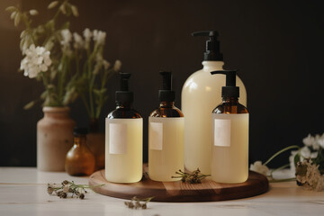  three bottles of hand soap on a wooden tray with flowers in the background and a vase of flowers in the foreground, and a vase of flowers in the background.  generative ai