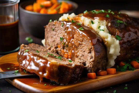  a meatloaf with mashed potatoes and gravy on a cutting board with a knife and bowl of carrots in the background.  generative ai