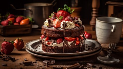 AI A chocolate cake with whipped cream and strawberries on top