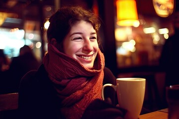 Woman with radiant smile at a cozy café