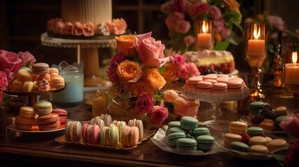 Fototapeta na wymiar AI A table full of macaroons and other desserts including a bouquet of flowers.