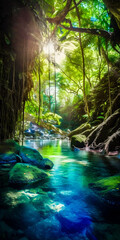 Secret river with bright blue water in a tropical rainforest - portrait wallpaper - generative AI