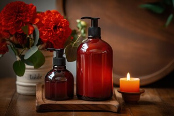 Obraz na płótnie Canvas a wooden table topped with two bottles of liquid and a vase filled with red carnations next to a candle and a vase with red flowers. generative ai
