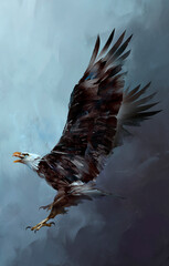 The painted bird eagle flying among the clouds