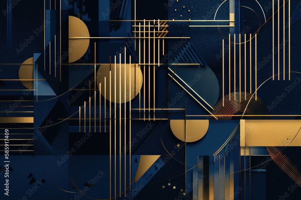 Poster a blue and gold abstract background with circles and lines on a black background with a gold and bla