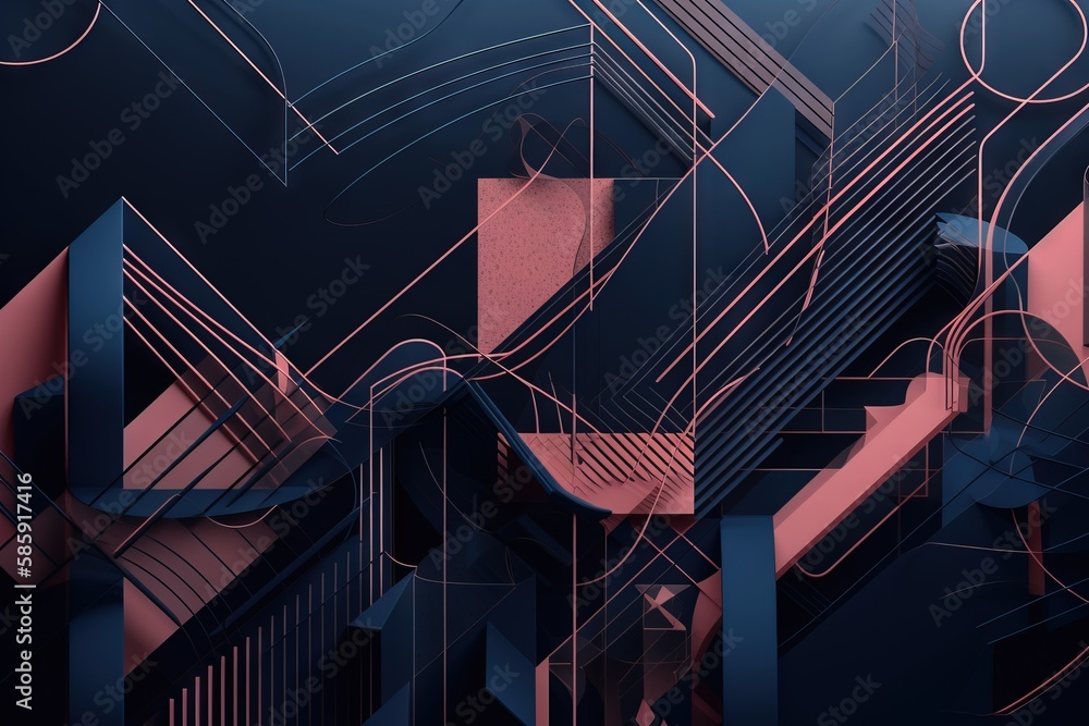 Poster an abstract background with lines and shapes in pink and blue tones on a black background with a blu