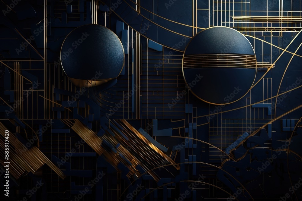 Poster  a dark blue and gold background with circles and lines on the bottom of the image, and a gold stripe on the bottom of the image.  generative ai