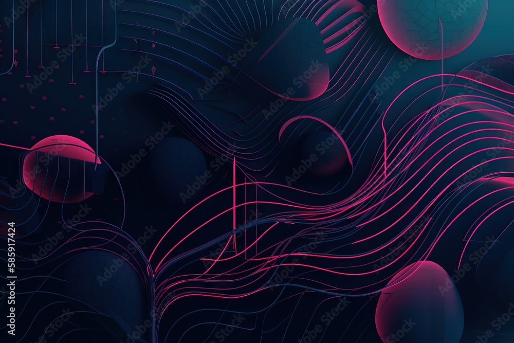 Poster a dark background with pink and blue shapes and lines on the bottom of the image, and a dark backgro