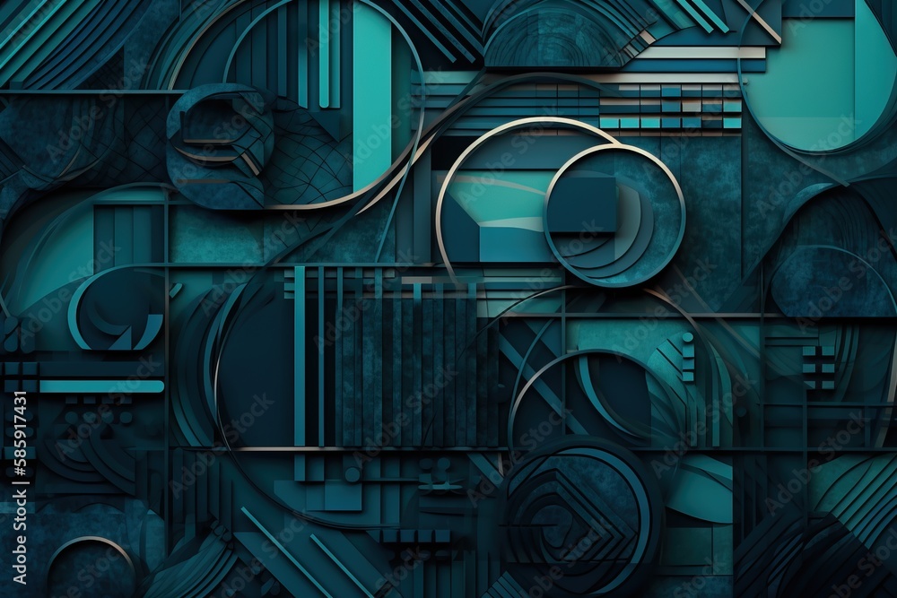 Poster an abstract background with a lot of different shapes and sizes of circles and rectangles in blue an