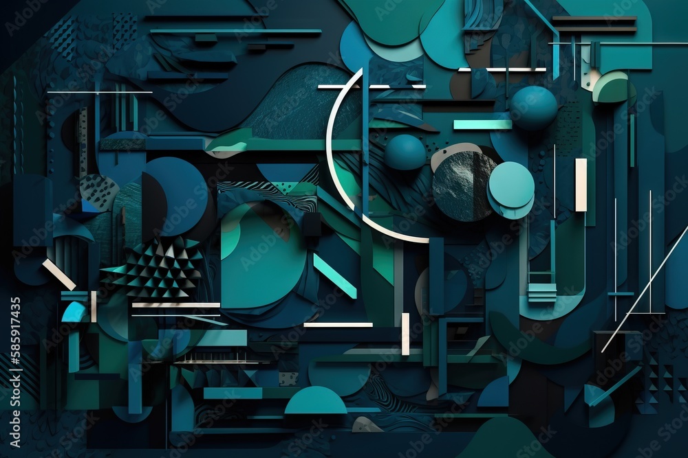 Poster an abstract painting with blue and green shapes and lines and shapes on a black background with a bl