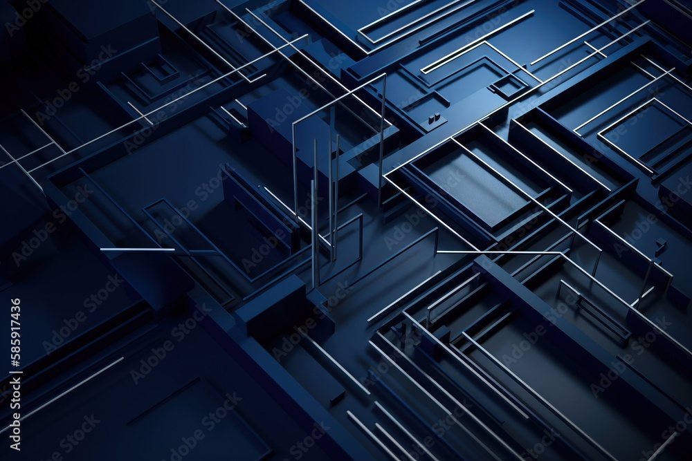 Poster a blue abstract background with lines and shapes in the middle of it and a blue background with line