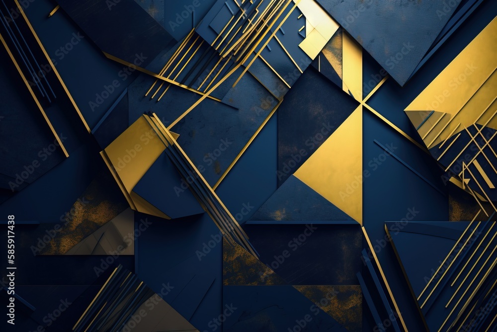 Poster a blue and gold abstract background with lines and shapes in the middle of the image and a gold tria