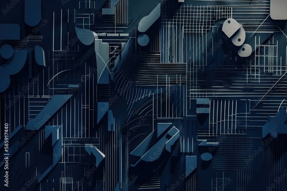 Poster a blue abstract background with lines, shapes, and shapes in the middle of the image, with a black b