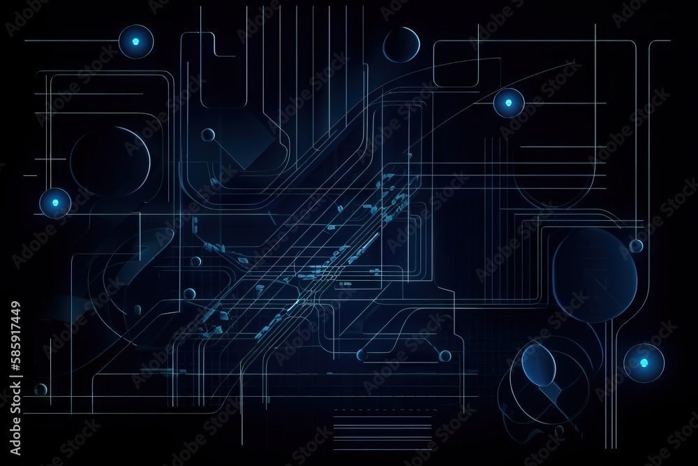 Poster an abstract blue background with lines and circles on a black background with a blue light at the en