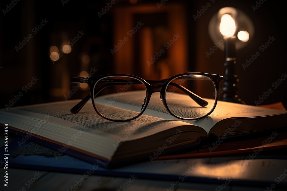 Poster a book with glasses on top of it next to a light bulb and a lamp on a table in a dark room with a la