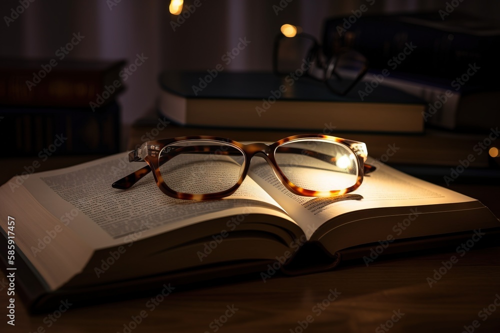 Poster a pair of reading glasses resting on an open book on a table with a light shining on it and books be