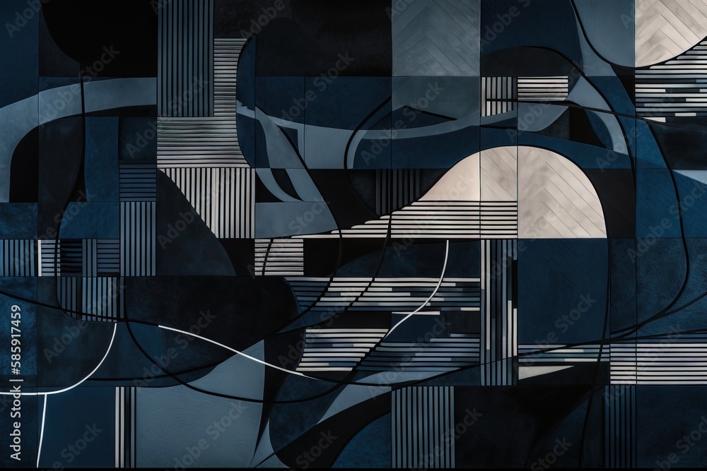 Poster an abstract painting with lines and shapes in blue and black colors, with a black background and a w