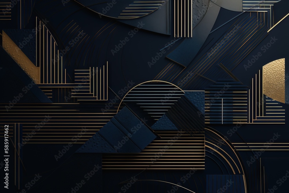 Poster a black and gold abstract background with lines and shapes in the middle of the image and a circular