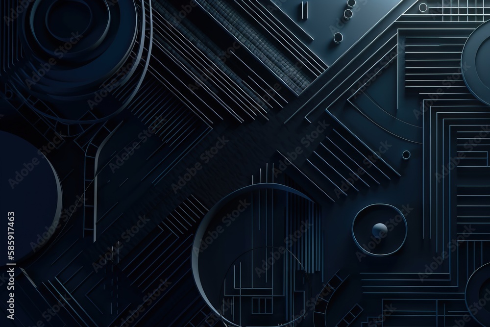 Poster a dark blue abstract background with circles and circles on it's sides and a black background with c