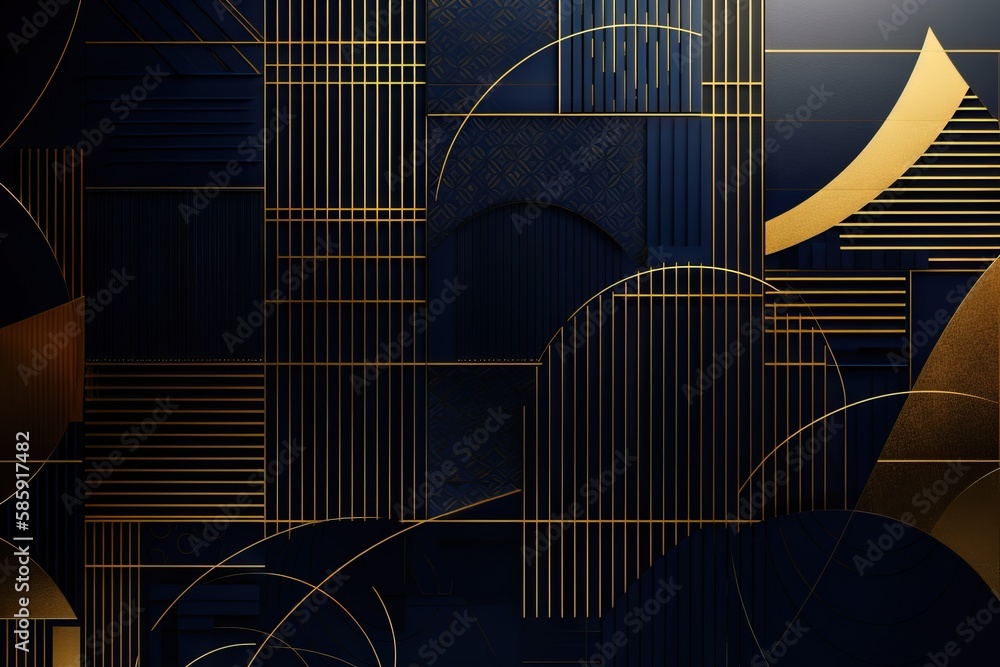 Poster a dark blue and gold abstract background with lines and curves in the middle of the image and a blac