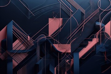  an abstract background with lines and shapes in pink and blue tones on a black background with a blue sky in the background and a red and white rectangle.  generative ai