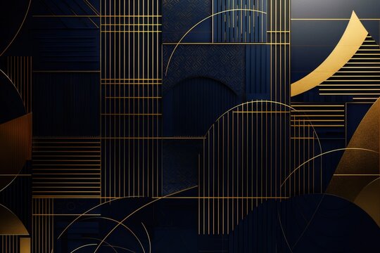 a dark blue and gold abstract background with lines and curves in the middle of the image and a black background with gold lines and circles.  generative ai