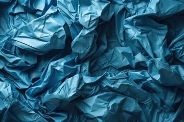  a pile of blue crumpled paper sitting on top of a wooden table next to a wall of blue sheets of paper on top of a wooden table.  generative ai