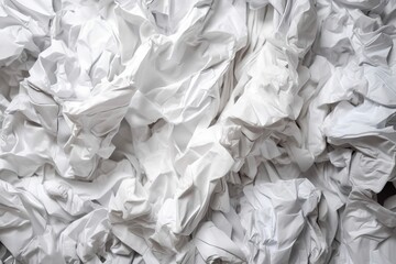  a large pile of white crumpled paper on a tablecloth covered wall with a black background and a black and white photo of the top of a pile of white crumpled paper.  generative ai