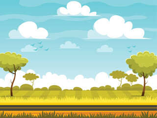 Rural landscape with field and grass. Green area with blue sky and clouds. Rural road on the background of an field. Cartoon vector graphics