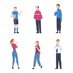Fototapeta na wymiar Young Man and Woman with Contempt Look on Face Showing Rejection and Refusal Gesture with Hands Vector Set