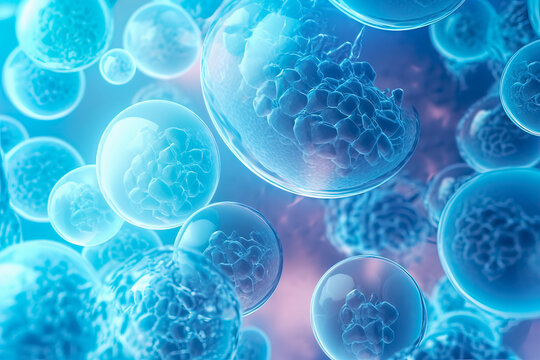 Human cells or Embryonic stem cells microscope background. The blue nucleus of the bacterium is surrounded by a transparent sphere. Medicine scientific concept. Generative AI
