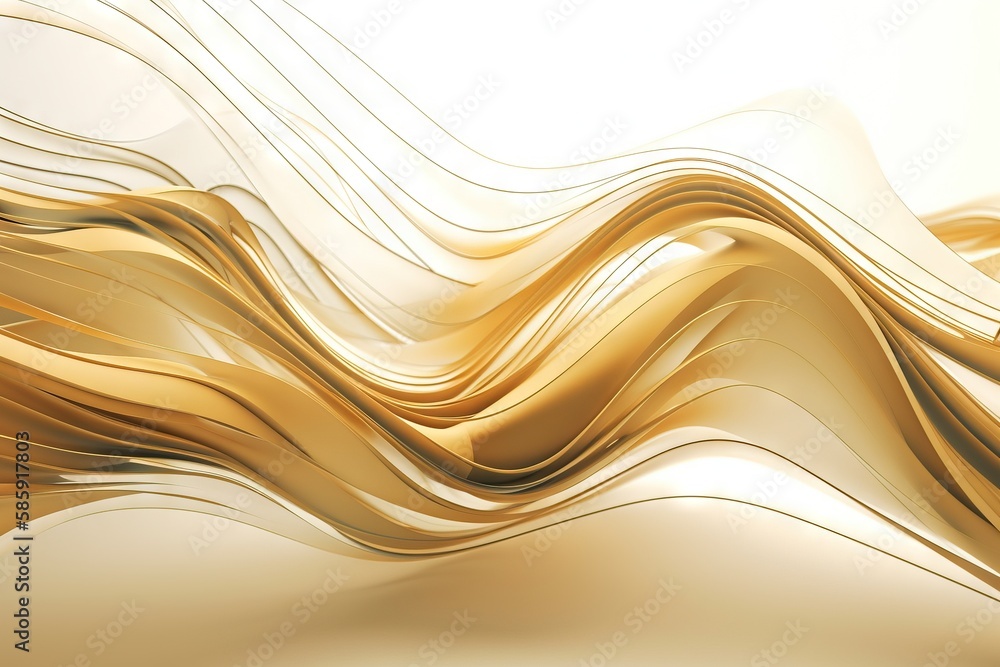 Poster an abstract gold background with wavy lines and curves on it's sides, with a soft white backdrop and