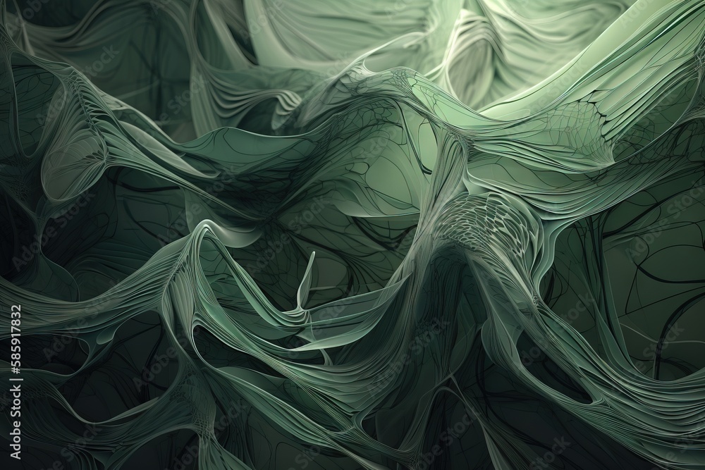Poster  a digital painting of a green and white pattern with wavy lines and curves on the bottom of the image and the bottom of the image.  generative ai