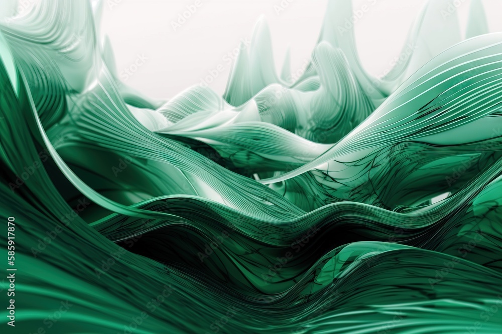 Poster a green abstract background with wavy lines and curves in the middle of the image, with a white sky 
