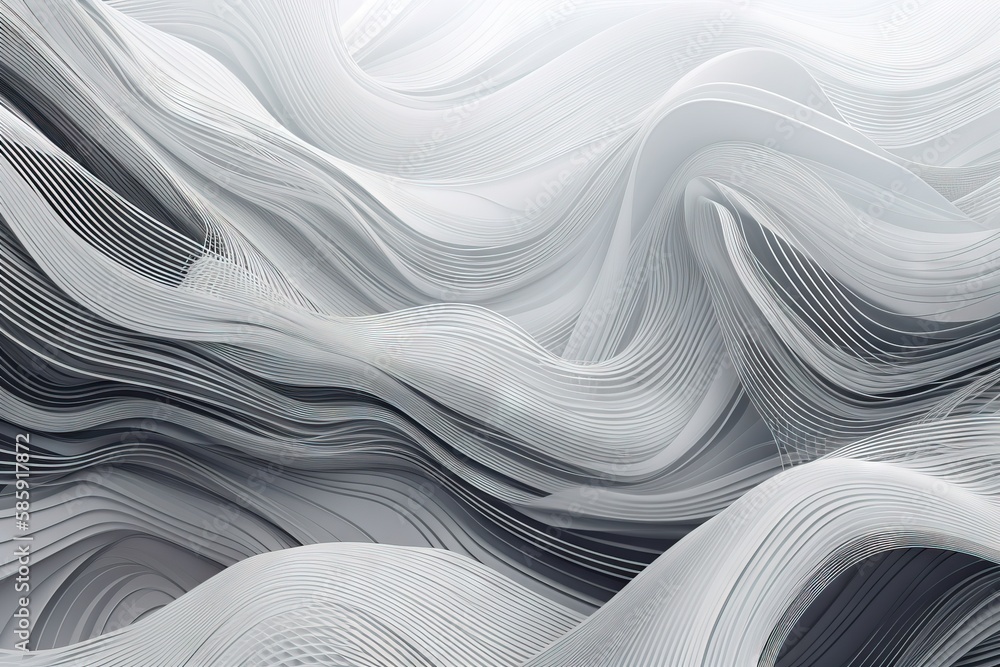 Poster a white and black abstract background with wavy lines and curves in the center of the image, with a 