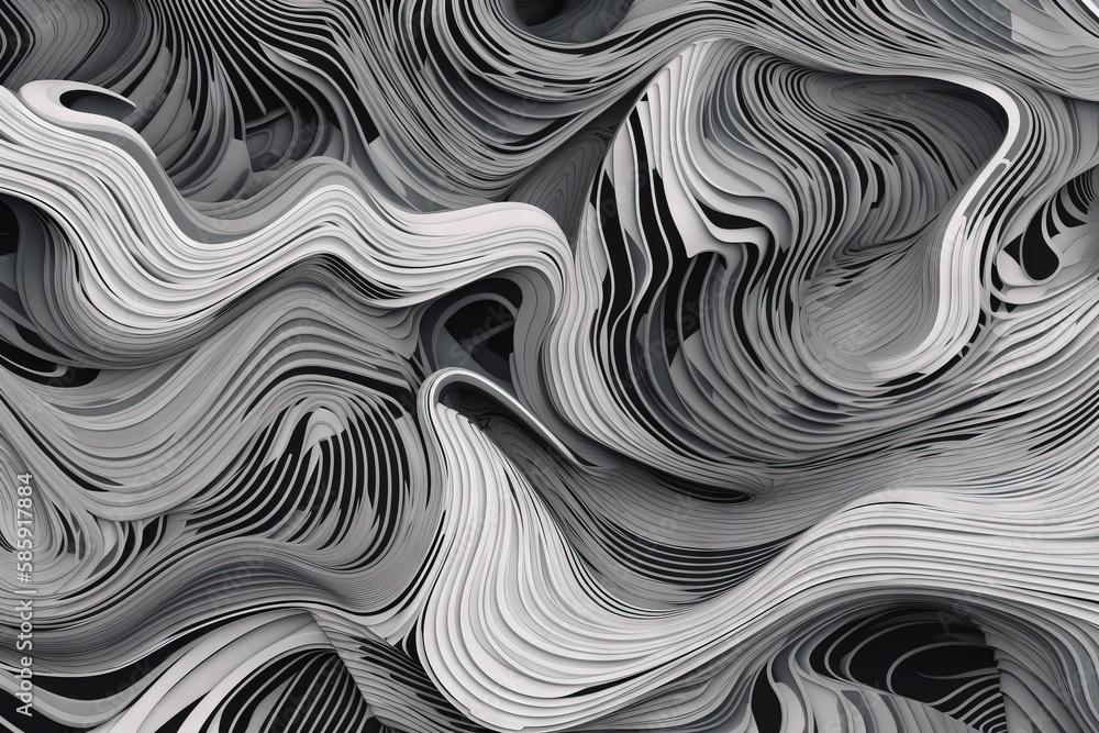 Poster an abstract pattern of wavy lines and curves in black and white, as well as a black and white photo 