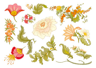 Obraz premium Fantasy flowers in art nouveau style, vintage, old, retro style. Clip art, set of elements for design. Vector illustration.