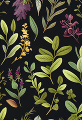 seamless pattern mixture of herbs, plants and leaves, black background, simple minimalist aesthetic style, Generative ai