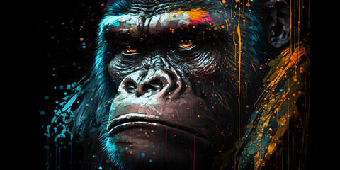 Graffiti with a gorilla on dark background with a splash, color art