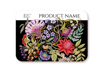 Fantasy flowers in retro, vintage, jacobean embroidery style. Template for plastic debit or credit, pass, discount, membership card Vector illustration.