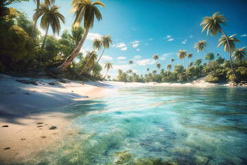 Fototapeta na wymiar A palm tree-lined beach with crystal clear water and white sand
