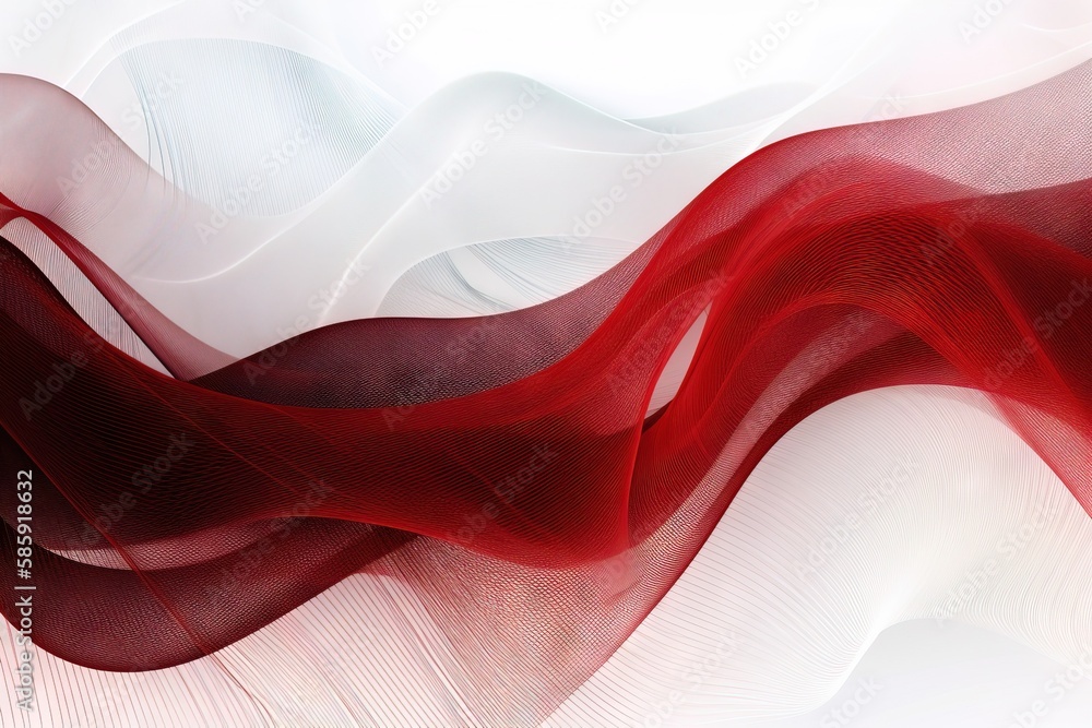 Poster an abstract red and white background with wavy lines and curves on the bottom of the image, with a w