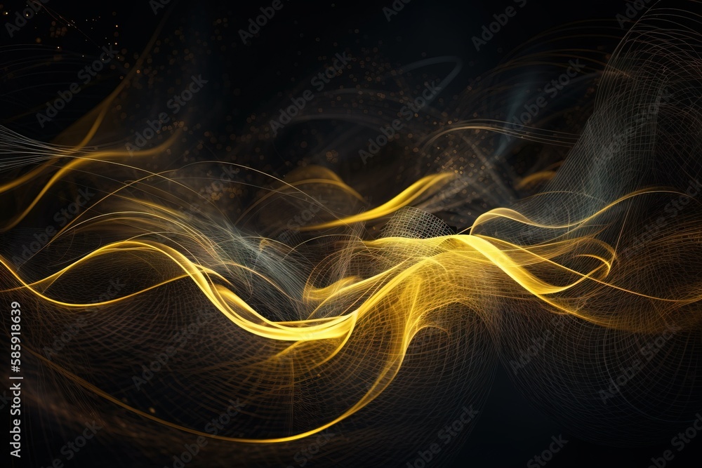 Poster a yellow and black background with lines of light in the middle of the image and a black background 