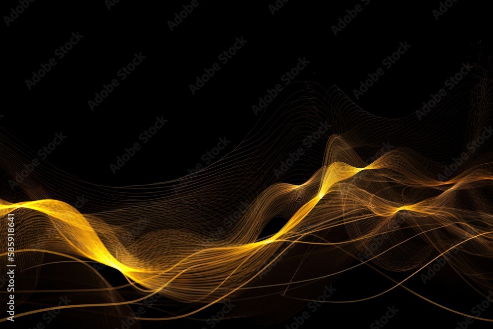 Poster a black background with yellow lines and waves in the middle of the image and a black background wit