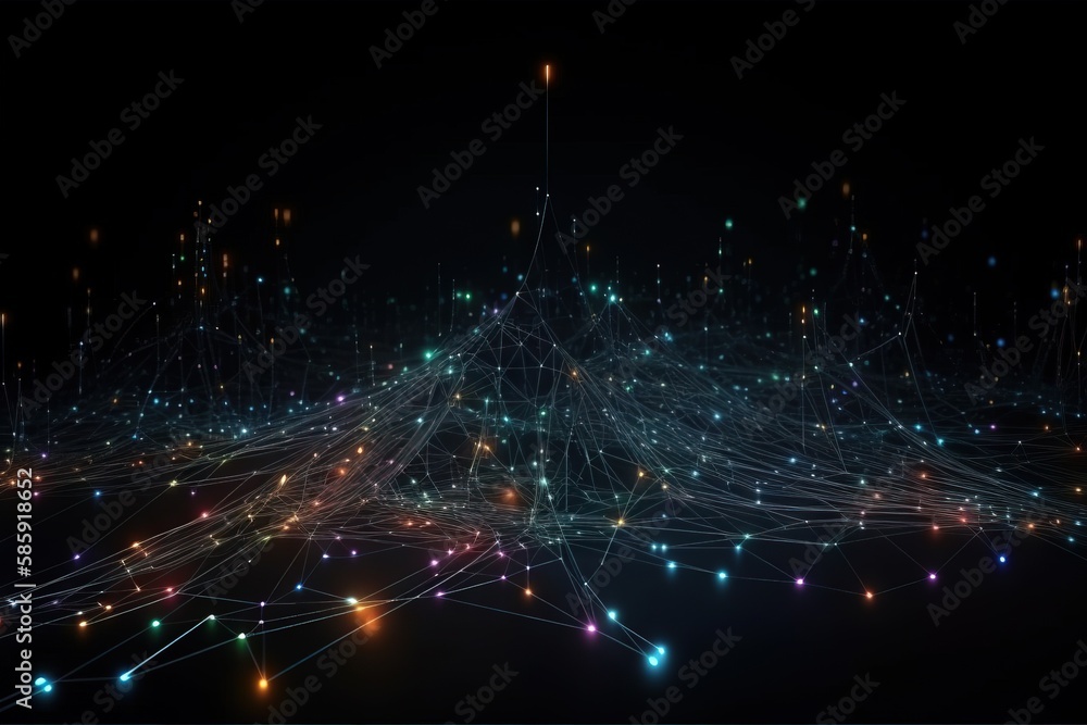 Poster  an abstract image of a network of lines and dots in blue and yellow colors on a black background with a black background and a black background.  generative ai