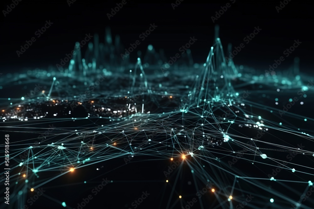 Poster an abstract image of a network of lines and dots in blue and green colors with a black background an