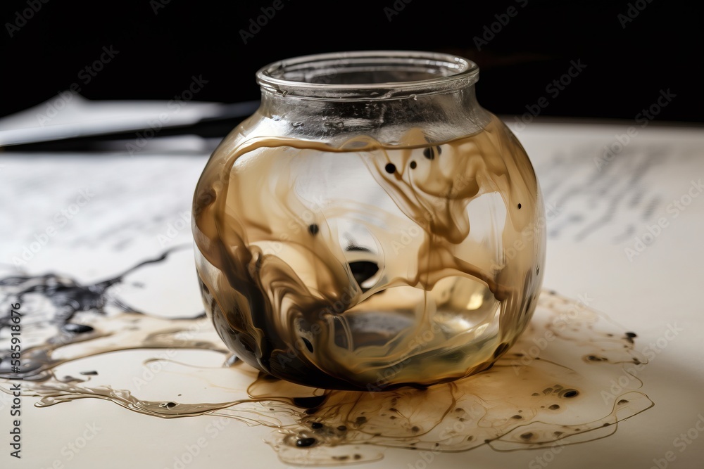 Poster a glass jar sitting on top of a table covered in ink and ink smudges and a black object in the middl