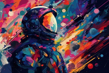  a painting of a man in a space suit with a helmet on and planets in the background, with a red, yellow, blue, orange, pink, and purple, and black background.  generative ai